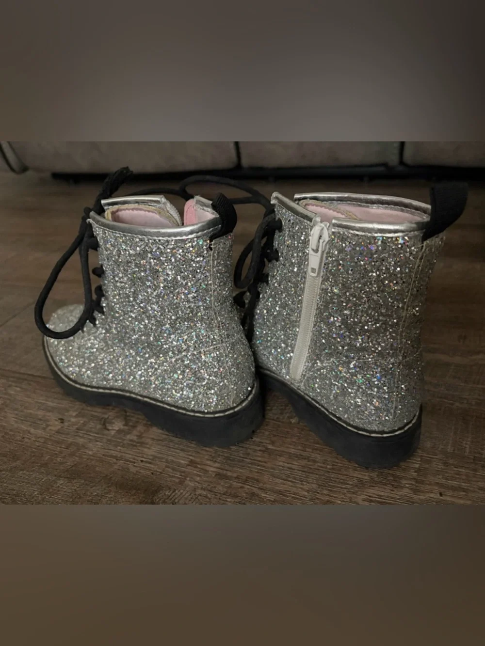 Steve Madden Girls Silver Glitter Lace-Up Combat Boots
